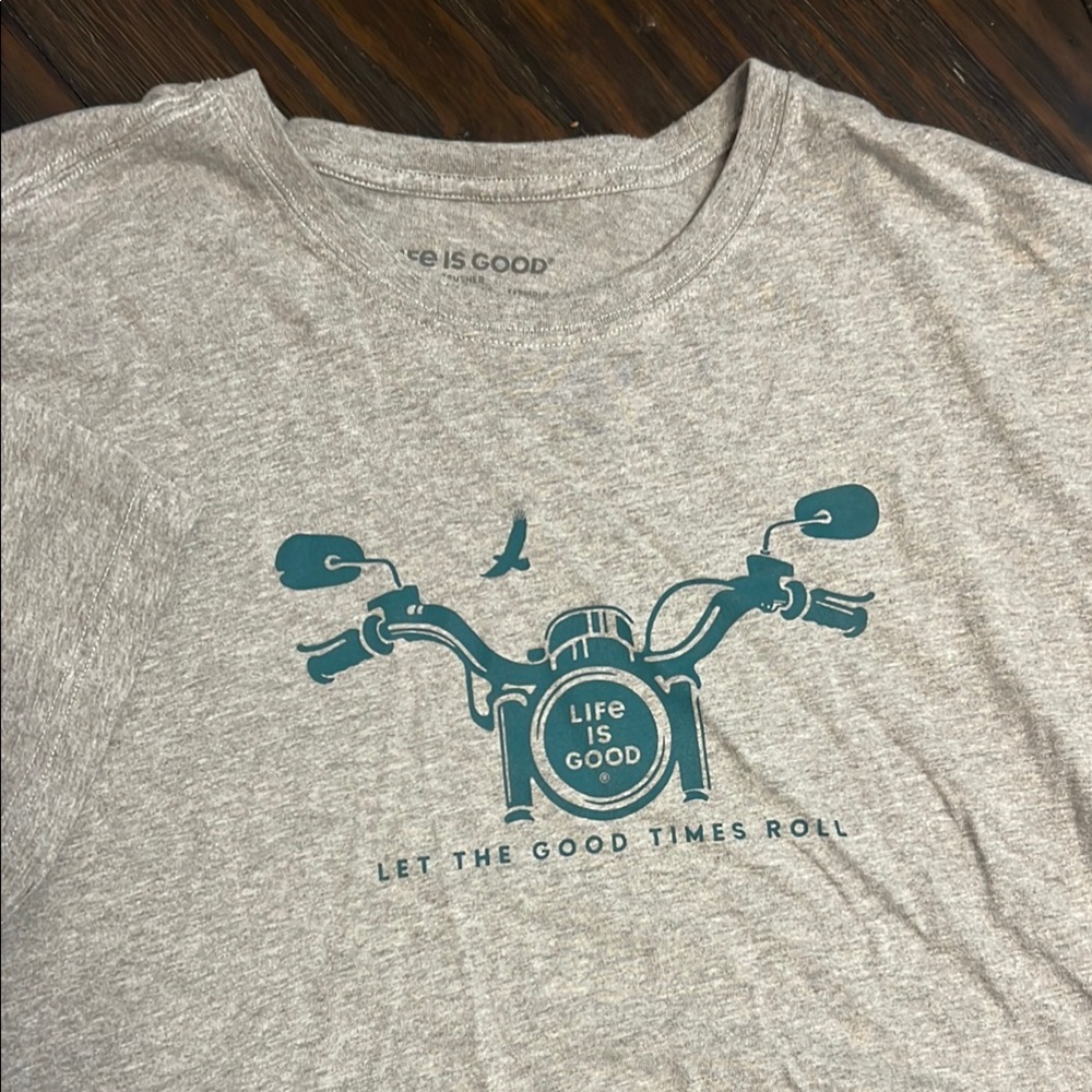 Life Is Good Gray Short Sleeve Tee with Motorcycle Design